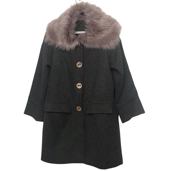 Maison Cherie Green Black 100% Wool Geo Print Coat With Fur Collar - Picture 1 of 11